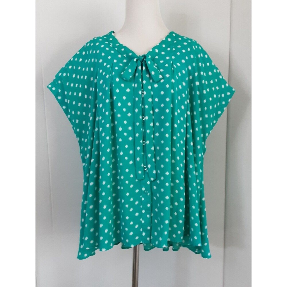 ROAMAN'S Teal | White Polka Dot Tie-Neck Pleated Short Sleeves Top Sz 20W